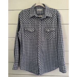 Wrangler Wrancher Men’s Pearl Snap Blue Gray Plaid Long Sleeve Size Medium